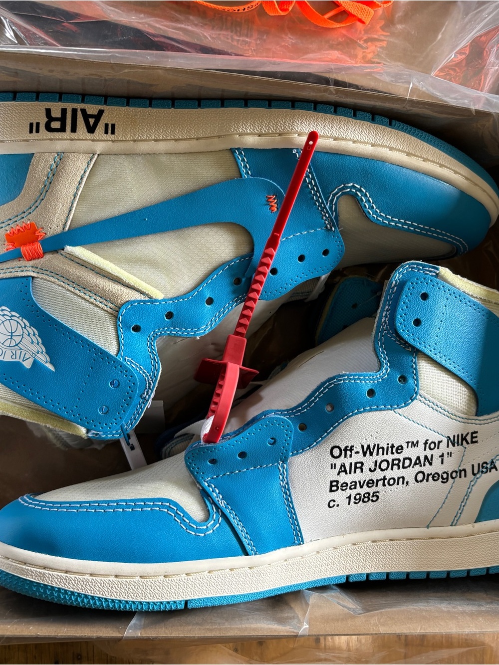 Off-White x Nike Air Jordan 1 High - White & Blue with Red Zip Tie